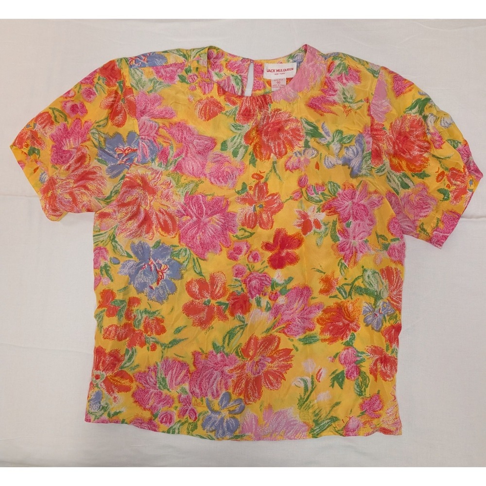Jack Mulqueen New York 100% Silk Floral Blouse Yellow Pink Top Women's M Vintage